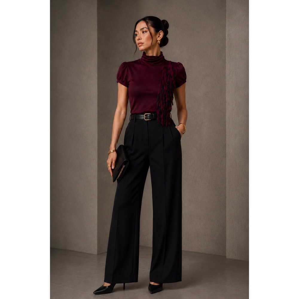Pole & Pole Burgundy Fringe Mock Neck Top Puff Sleeve Turtleneck Stretch Small